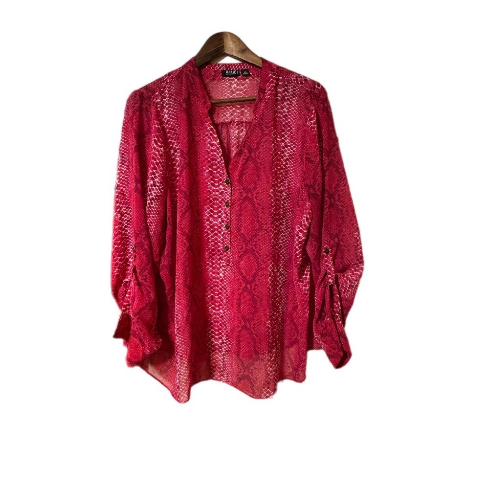 a.n.a Snakeskin Blouse Women 2X Pink Excellent Roll Tab Sleeve V-Neck‎ Top